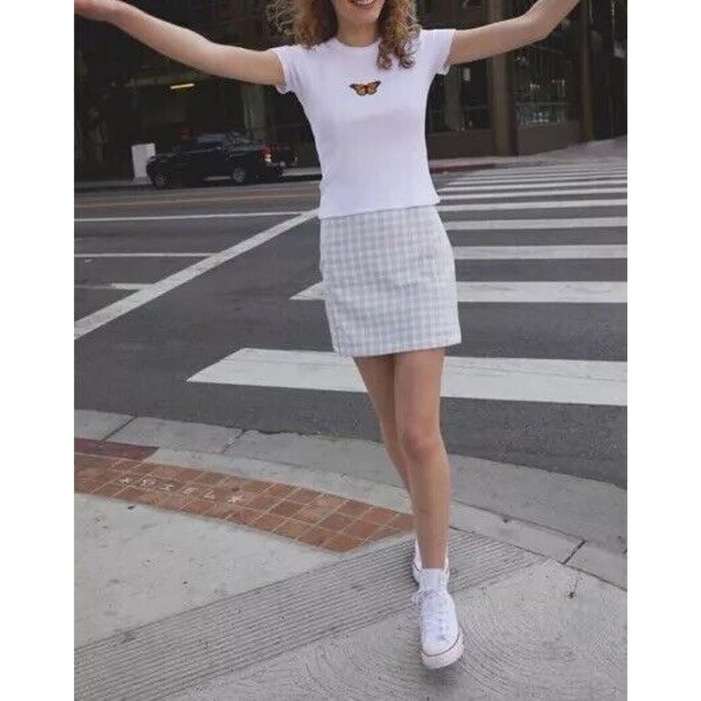BRANDY MELVILLE Juniors Cute Soft BLUEWHITE PLAID CARA High Rise Mini Skirt - Picture 12 of 15